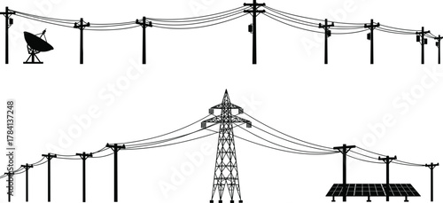 Utility poles with transformers and satellite dish, transmission tower with solar panels, renewable