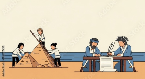 Cartoon illustration showing people building a sand pyramid and two men writing with quills by the water.