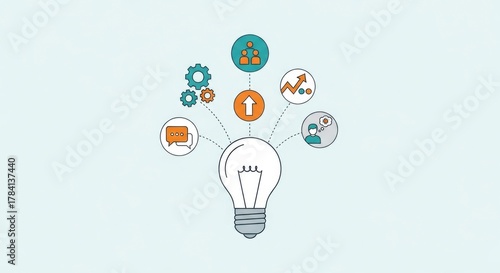 An illustration of a lightbulb with connected icons representing ideas, innovation, and business concepts.