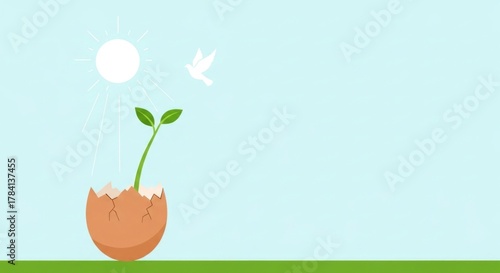 Illustration of a plant growing from an eggshell under the sun with a bird flying above.