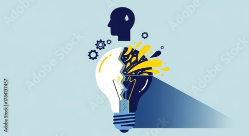 Conceptual illustration of burnout and mental breakdown with a stressed head silhouette and an exploding lightbulb.