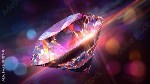 Sparkling diamond with vibrant light beams and colorful background