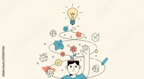 Illustration of a person with a lightbulb above their head, symbolizing creativity and new ideas emerging from their thoughts.