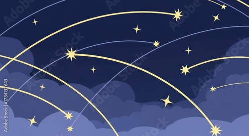 A beautiful night sky illustration with shooting stars, clouds, and twinkling stars, creating a serene atmosphere.