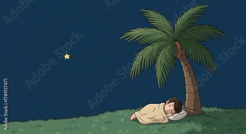 A child sleeps peacefully under a palm tree on a grassy hill at night, with a single star shining in the dark blue sky.