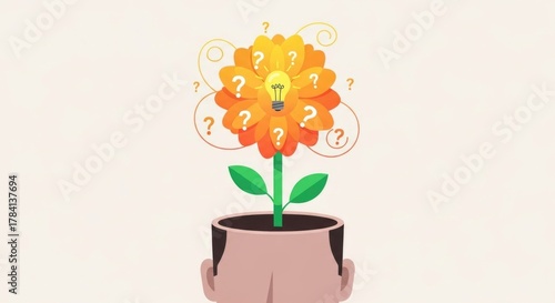 Creative thinking concept with a flower of questions and an idea light bulb emerging from a human head, symbolizing problem-solving and innovation.