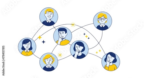 Network of interconnected people, showing connections and relationships between individuals in a social context.
