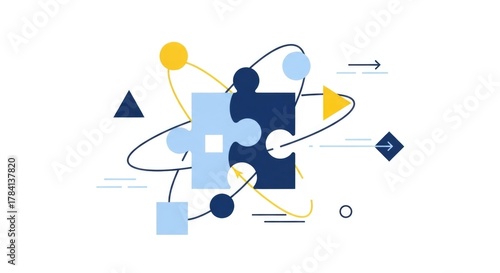 Conceptual illustration of interlocking puzzle pieces representing a central solution within a dynamic system.