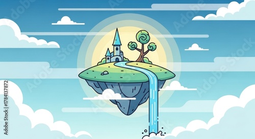 A whimsical floating island with a castle, a waterfall, and a lone tree under a bright sun and cloudy sky.