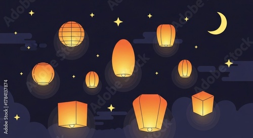 Various glowing lanterns of different shapes floating in a dark night sky with stars and a crescent moon.