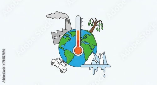 Illustration depicting global warming with a thermometer on Earth, melting ice, and pollution.