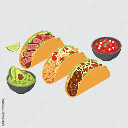 Assortment of delicious Mexican tacos with guacamole and salsa.