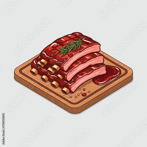 Delicious barbecue ribs on a wooden cutting board with sauce.