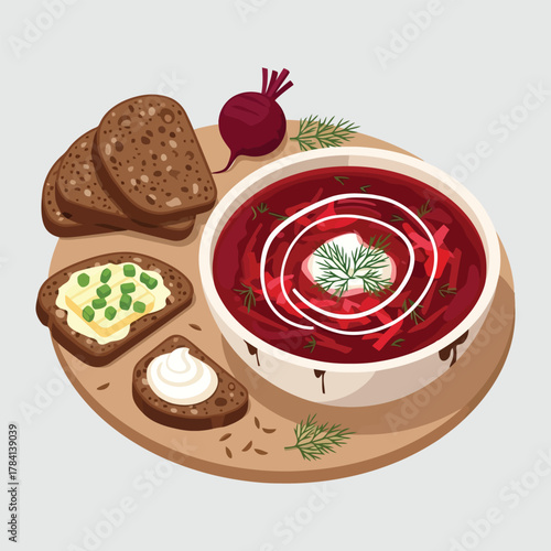 Delicious beetroot soup served with bread and fresh herbs on a wooden plate.