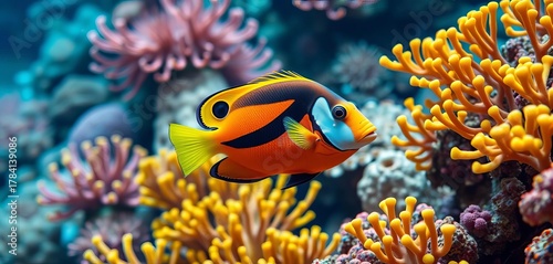Fototapeta Naklejka Na Ścianę i Meble -  Boldly colored surgeonfish navigates a vibrant coral garden,  color,  ichthyology