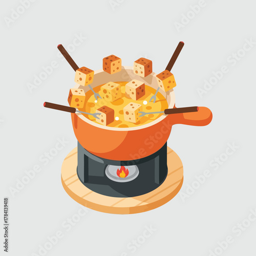 Delicious cheese fondue served with bread cubes for dipping and enjoyment.