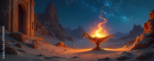 A majestic djinn emerges from a shimmering, ornate lamp, surrounded by swirling desert sands and ancient ruins under a starry Arabian night sky , atmosphere, ancient