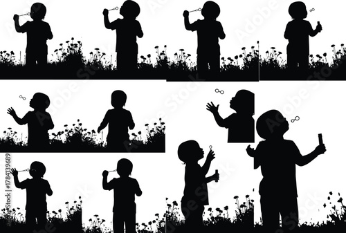 Flat vector silhouettes of child blowing bubbles in flower field, playful outdoor activity, creative nature scene, whimsical childhood moment design