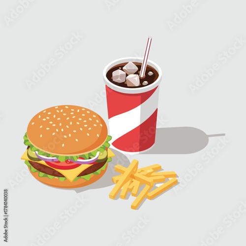 Delicious fast food combo featuring a burger fries and soda.