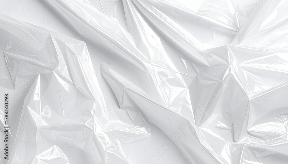 Obraz premium White Crumpled Plastic Texture Background, Shiny Wrinkled Polyethylene Film, Abstract Transparent Material Pattern