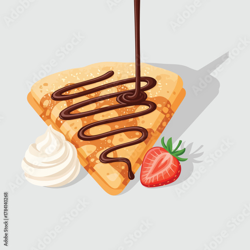 Delicious folded crepe with chocolate sauce drizzle and fresh strawberry.