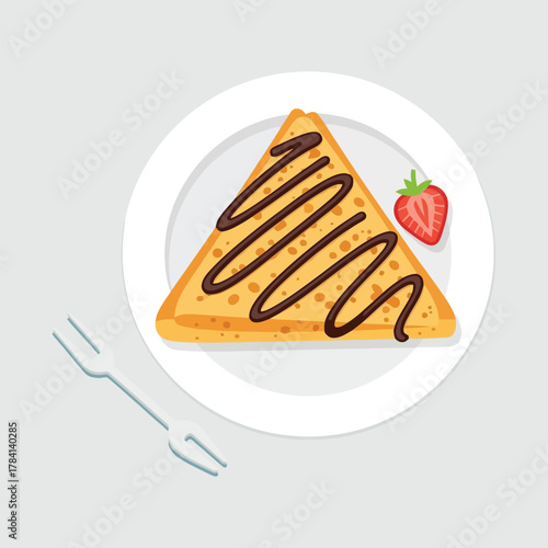 Delicious folded crepe with chocolate sauce and fresh strawberry on a plate.