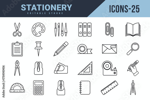 Collection of Line Art Stationery Icons for Designers, Students and Professionals white background.
