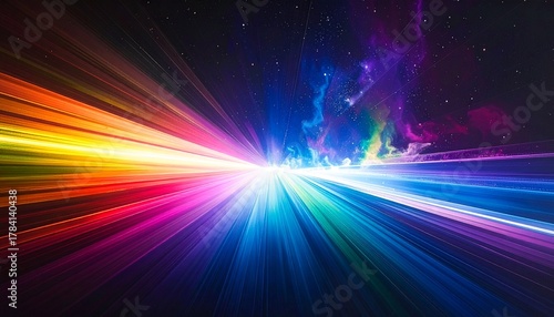 Abstract colorful light trails in space, speed motion background with vibrant rainbow colors and starfield, futuristic data stream concept