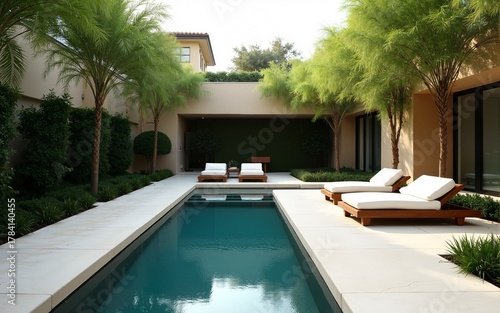 Wallpaper Mural Minimalist Outdoor Lounge with Pool and Lush Greenery in Mediterranean Style Courtyard. High quality Torontodigital.ca