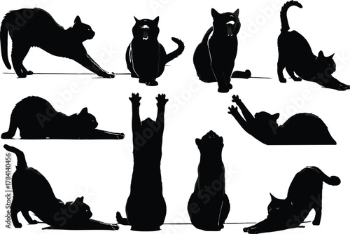Flat vector black cat silhouettes in stretching and sitting poses, feline posture collection, flexible pet design for stock illustration use