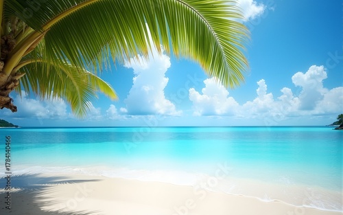 Perfect island beach, luxury resort or hotel scenery, wonderful sea view and palm leaf. Tropical landscape for luxurious travel and vacation holiday background. High quality