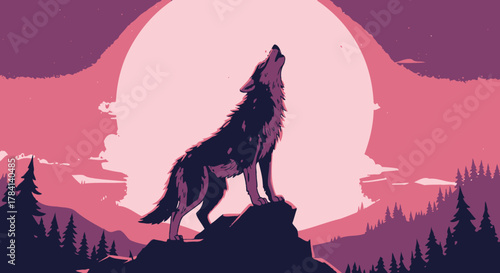 Wolf howling at the moon on rock mountain scene vector illustration