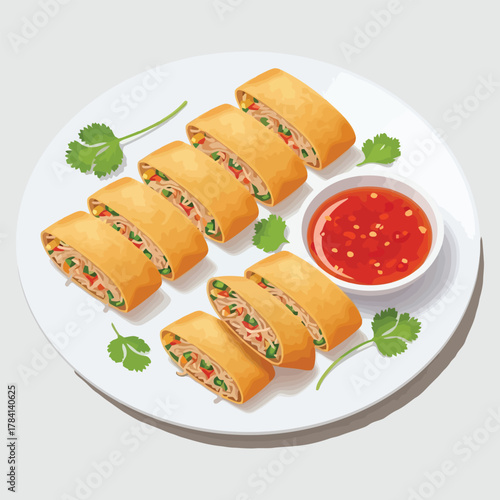 Delicious golden spring rolls served with a vibrant dipping sauce on a white plate.