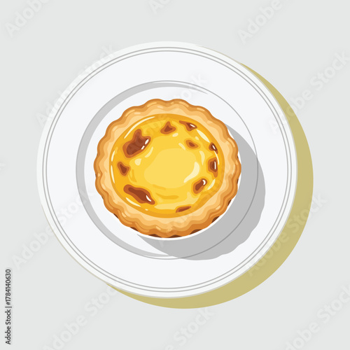 Delicious golden brown Portuguese egg tart on a white plate.