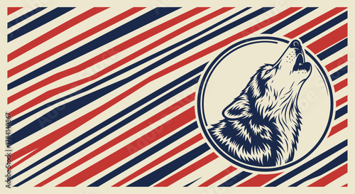 Abstract howling wolf vector illustration against red and blue stripes design