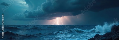 A powerful storm brewing over a vast, dark ocean, dramatic lighting illuminating the turbulent waves , weather, breathtaking