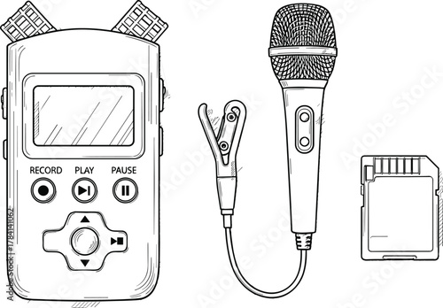 Audio recorder, microphone, lavalier mic, SD card, podcast gear, sound equipment, journalism tools, voice recording, content creation