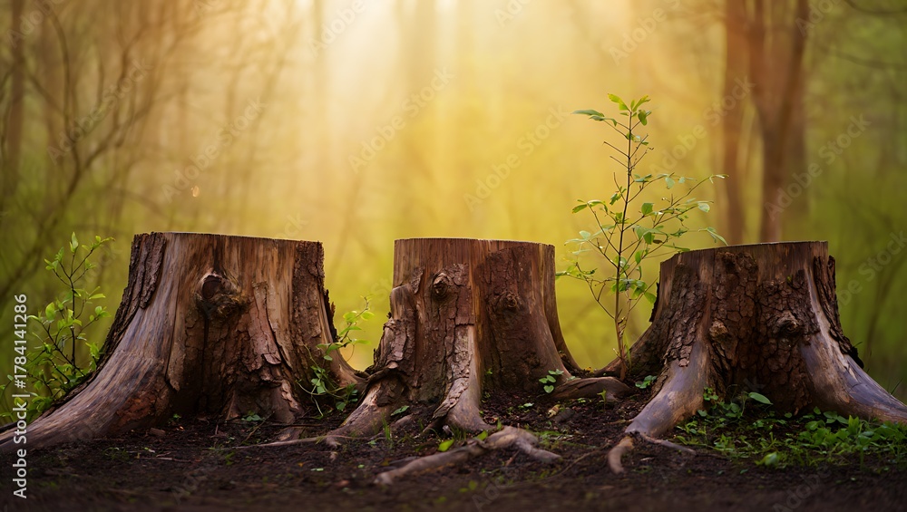 Fototapeta premium Three old tree stumps in a forest with warm sunlight shining through