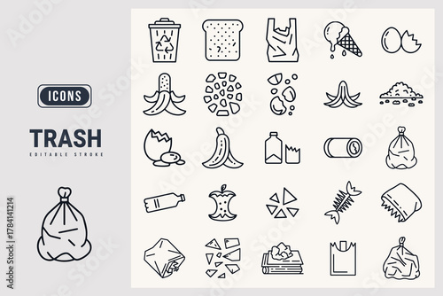 Collection of Trash and Waste Icon Set Representing Common Discarded Items white background.