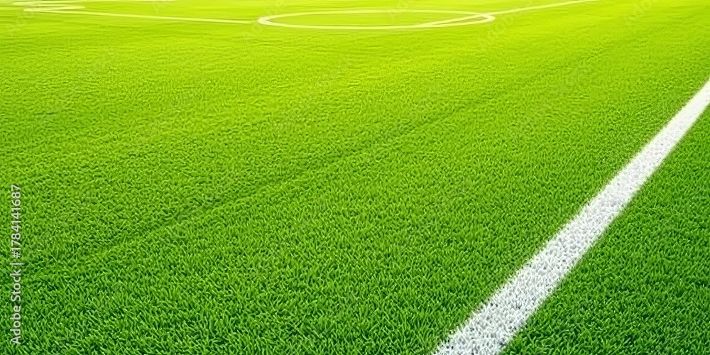 Obraz premium Vibrant green soccer field with crisp white lines, ready for play, athletic, markings