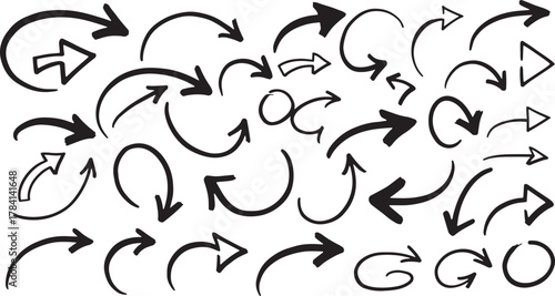 Set of hand drawn circular and curved arrows with sketchy black ink lines, doodle style vector illustration on white background.