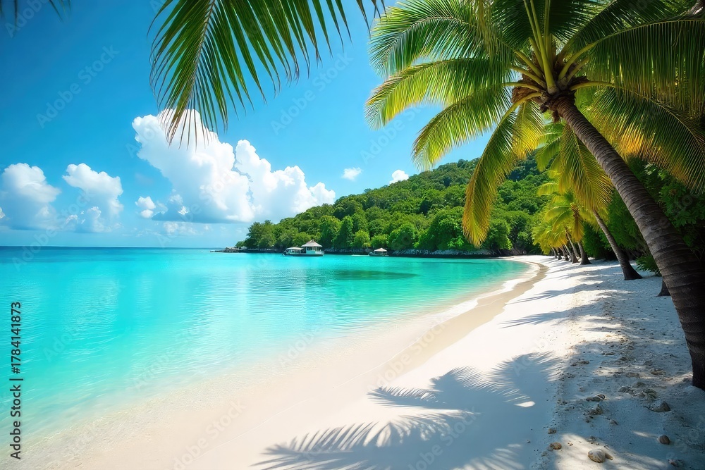 Fototapeta premium A serene bay, calm turquoise water laps gently against a pristine white sand beach, lush tropical foliage frames the scene, perfect for a relaxing getaway Escape to paradise , sea, nature, holiday