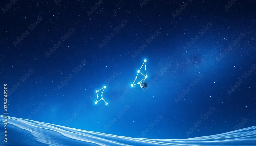 Naklejka premium Abstract cosmic illustration featuring a shimmering constellation against a deep blue, star-filled winter night sky, symbolizing January birth signs, guidance, dark