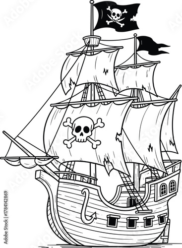 Cartoon pirate ship with skull flags, wooden hull, sails, rigging, ocean adventure, vintage nautical illustration, maritime fantasy