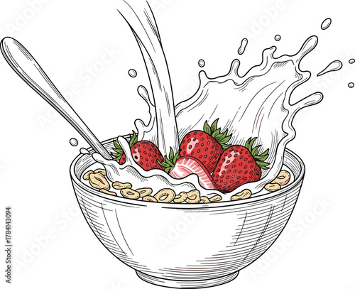 Cereal breakfast splash with milk, strawberries, spoon, bowl, oats, healthy food, morning meal, dairy, fresh nutrition concept