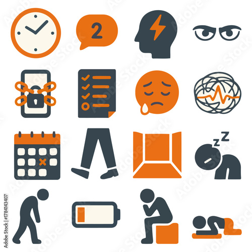 Anxiety Icons: A collection of symbolic icons representing stress, worry, and the emotional toll of mental health challenges.