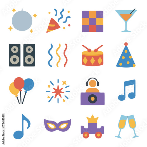 Party Icons Collage: A vibrant collage of festive icons, representing the diverse elements of a lively celebration, set against a simple backdrop, inviting a sense of fun and excitement.
