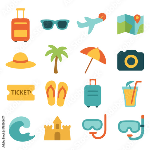 Vacation essentials: A vibrant illustration showcasing the essentials of a dream vacation, offering a colorful assortment of travel icons to entice and inspire.