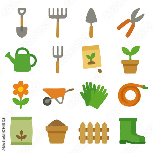 Essential Garden Toolkit: An array of gardening tools and equipment, essential for cultivating a flourishing garden, arranged in a simple, vibrant graphic.