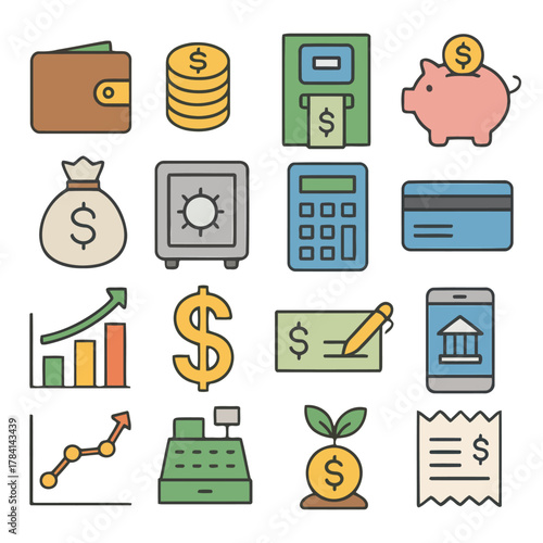 Financial Essentials: An array of financial tools and symbols is artfully arranged, from wallets and coins to ATMs and calculators, suggesting a vibrant and modern approach to monetary matters.